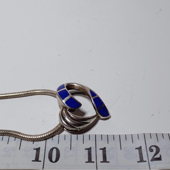 Sterling Silver 925 Lapis Lazuli Inlaid Heart Pendant On 20 In. Snake Link chain - Picture 7 of 8